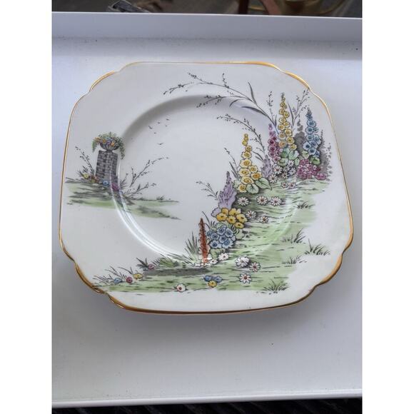 Vintage Plant Tuscan Bone China “Hollyhock” Teacup Saucer Dessert Plate Set - Picture 7 of 7